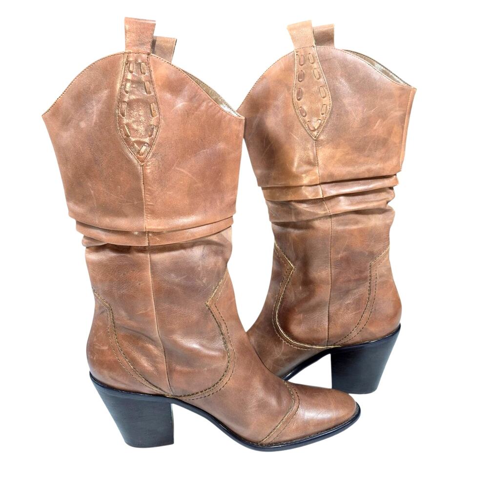 Vintage BCBGeneration Brown Distressed Leather Mid-Calf Slouch Western Boots 10B